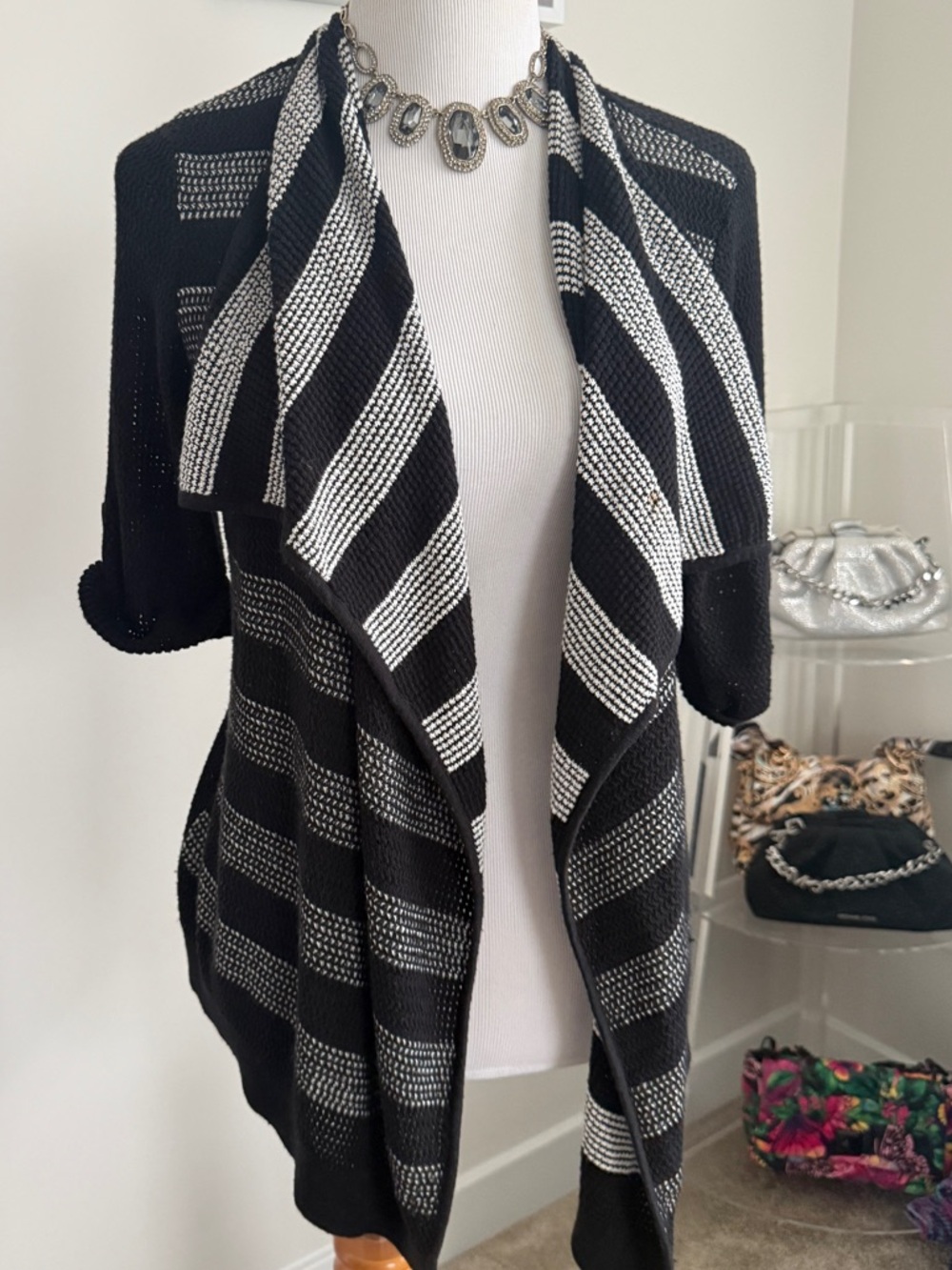 Calvin Klein Black Knit Open-Front Cardigan with Gold Logo Plate One Size - Picture 3 of 10